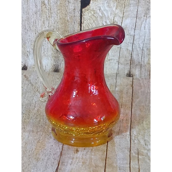 Crackle Glass Bud Vase Pitcher Red Yellow Ombre Miniature Succulent (9A) - Picture 3 of 4